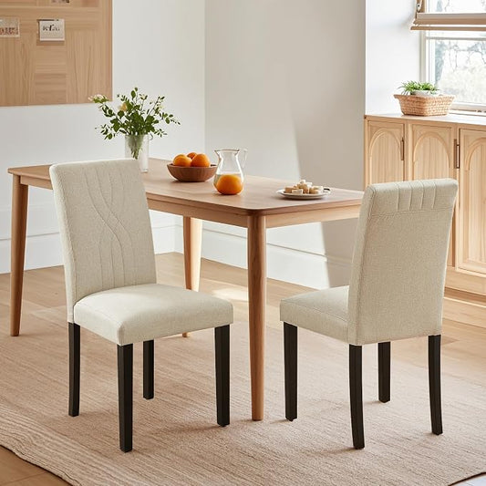 VECELO Upholstered Dining Chairs Set of 2, Modern Fabric and Solid Wood Legs & High Back for Kitchen/Living Room- Beige