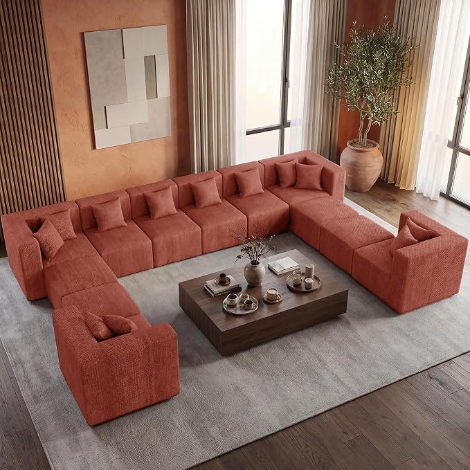 MONVANE Modular Sectional Sofa, Oversized 12 Seat Convertible U Shaped Couch with Ottoman, Comfy Chenille Cloud Couch with Deep Seat, Sectional Couches for Living Room, No Assembly Required, Rust Red