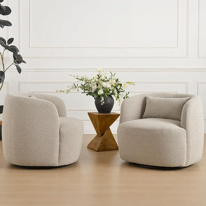 KINWELL 34" Wide Sherpa Swivel Barrel Chairs Set of 2, No Assembly Round Boucle Upholstered Accent Chairs Armchairs Single Sofa Chair with Toss Pillow for Living Room and Bedroom, Taupe