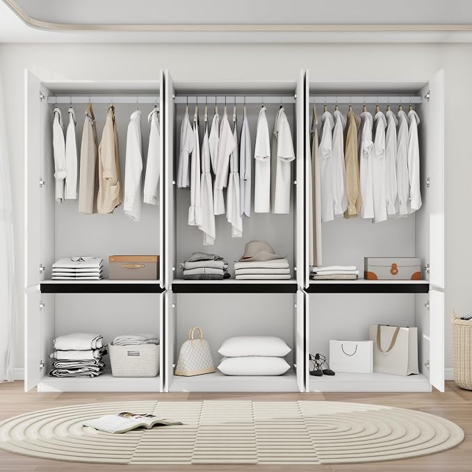 Bedroom Armoire Wardrobe Closet with 6 Doors: 75" White Wardrobe Cabinet for Clothes, Wooden Closet with Hanging Rod, Modern Armoire with Shelves (3)