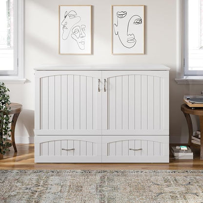 AFI, Southampton Murphy Bed Chest Full with 6" Mattress, Built-in USB Charger & Storage Drawer, White