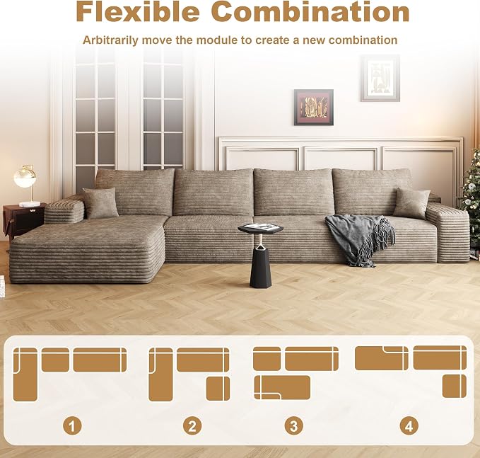 AUGOP 136" Sectional Couches for Living Room Modern Modular Sofa with L-Shape Couchs Upholstered Boneless Couch Deep Seat Sectional Couch with Chaise (Camel, 136" Left Facing Chaise+3Seaters)
