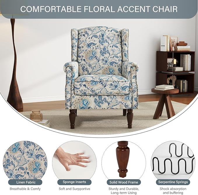 High Back Accent Chairs Set of 2, Floral Wingback Chair Fabric Upholstered Armchair for Living Room, Nailhead Trim Single Sofa Bedroom Reading Seat - Boho Blue