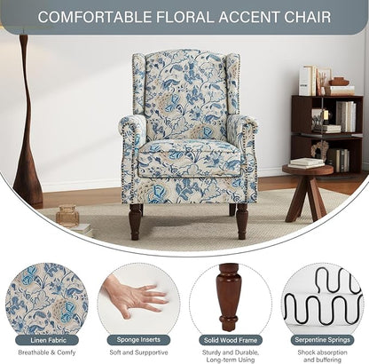 High Back Accent Chairs Set of 2, Floral Wingback Chair Fabric Upholstered Armchair for Living Room, Nailhead Trim Single Sofa Bedroom Reading Seat - Boho Blue