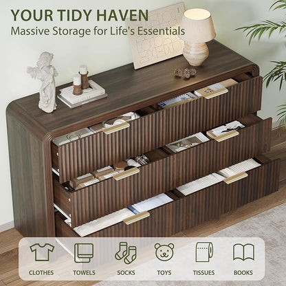 Decofy Fluted Drawers Dresser for Bedroom, Wood Dressers with Gold Handles, Modern Dressers with Wave Texture, Large Storage Chest of Drawers, Bedroom Dresser Organizer 55'' & 6 Drawers (Walnut)