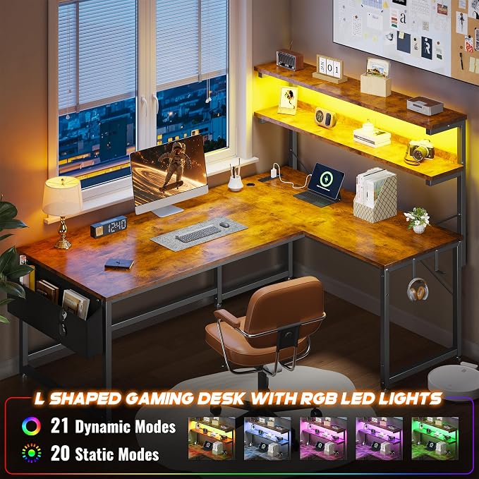 DurayLoly 53'' L Shaped Desk Gaming Desk with LED Light & 5 Power Outlet, Reversible Computer Desk with Shelves & Storage Bag & Hook for Home Office, Rustic Brown