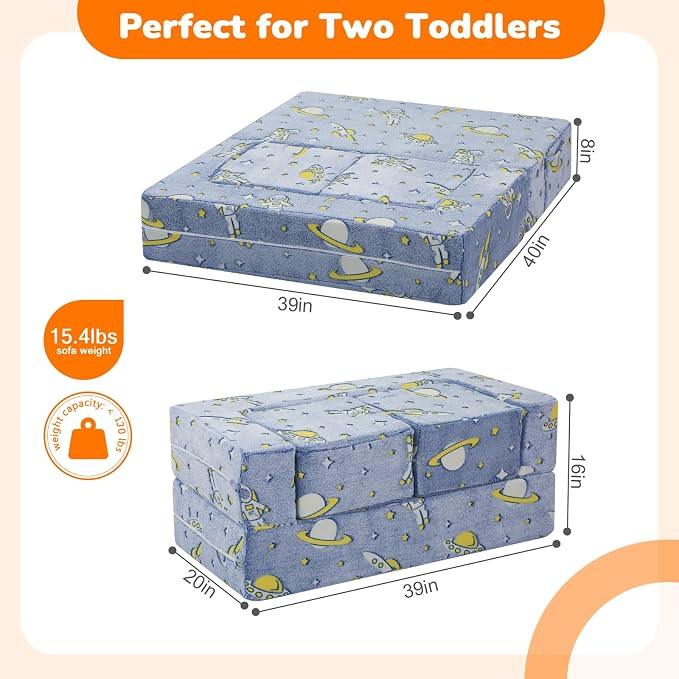 MeMoreCool Modular Kids Couch, Glow Play Toddler Couch for Bedroom Playroom, Convertible Foam Kids Sofa Bed, Fold Out Baby Sofa for Girl Boy, Denim Rocket