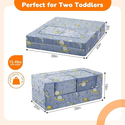 MeMoreCool Modular Kids Couch, Glow Play Toddler Couch for Bedroom Playroom, Convertible Foam Kids Sofa Bed, Fold Out Baby Sofa for Girl Boy, Denim Rocket