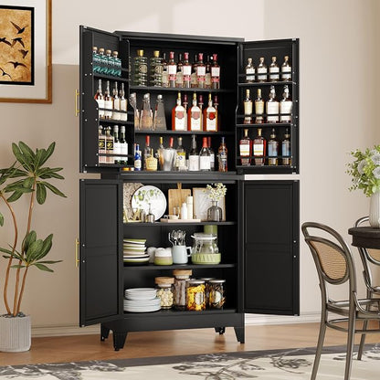 GAIOUS 74.8" Tall Metal Food Cabinet, Black Kitchen Pantry Cabinet Cupboard | Food Storage, Kitchen Organizer, Storage Cabinet with 4 Door and 4 Adjustable Shelves, Steel Freestanding, for Dining Living