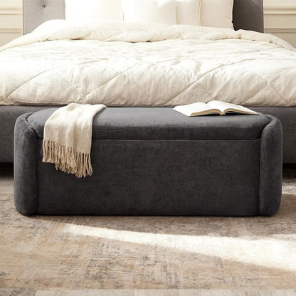 VKNOW 46" Oval Storage Ottoman Bench, Upholstered End of Bed Bench Ottomans Bench Foot Rest, Sherpa Storage Bench for Bedroom, Living Room and Hallway, Dark Grey
