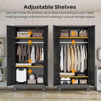 winiowa Metal Armoire Wardrobe Closet with 2 Doors, 71" Wardrobe Cabinet with Adjustable Shelves and Hanging Rod, Clothing Storage Cabinet Closet for Bedroom-Black