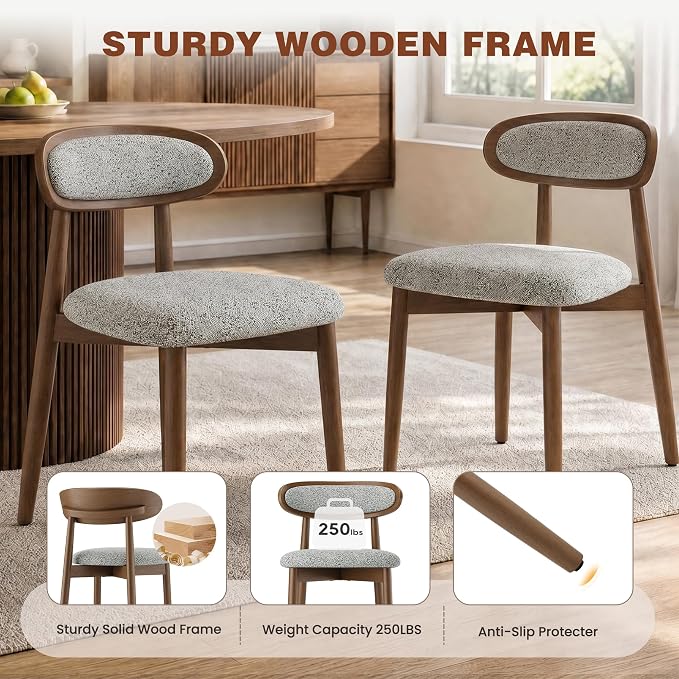Wooden Dining Chairs Set of 4, Modern Fabric Upholstered Dining Room Chair, Kitchen Side Chairs, Farmhouse Dinner Chair with Curved Back for Kitchen, Lightgrey