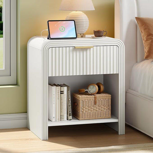 Decofy Fluted Nightstand with Charging Station, Modern Bedroom Side Table with Gold Handles, Curved Profile Design, End Table Wood Organizer for Bedroom, Open Shelf & 1 Drawers (1 Pack, Pure White)