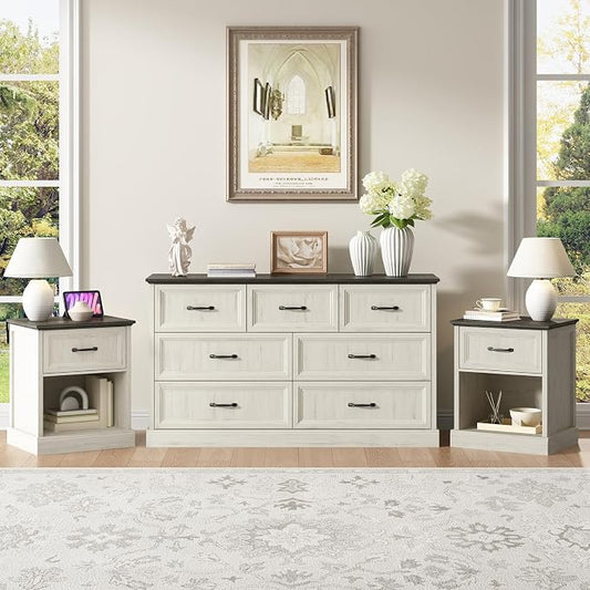CARPETNAL Farmhouse Dresser and Nightstand Sets for Bedroom, 3 Pcs Bedroom Set, 7 Drawer Dresser & Nightstand Set of 2, Modern Wood Chest of Drawers for Bedroom, Living Room, Entryway, White