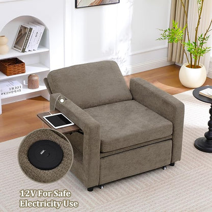 3 in 1 Folding Convertible Sleeper Sofa Bed Pull Out Couch with Side Pockets USB Port Side Table Single Sofa Bed with Adjustable Backrest for Living Room Bedroom 66" Darkbrown 1 SEAT