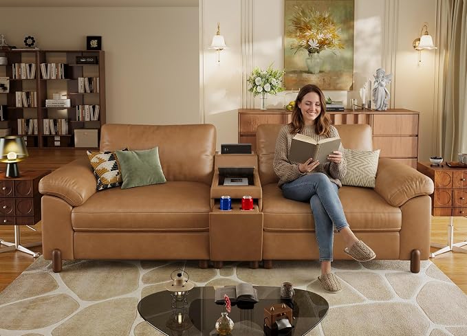 SITJOY Large Cloud Couch, 100" Wide Loveseat Sofa, Faux Leather in Brown | Pet-Friendly Scratch-Resistant Leather Sectional Sofas for Living Room, Deep Seat Wide Couch with Cuphoders