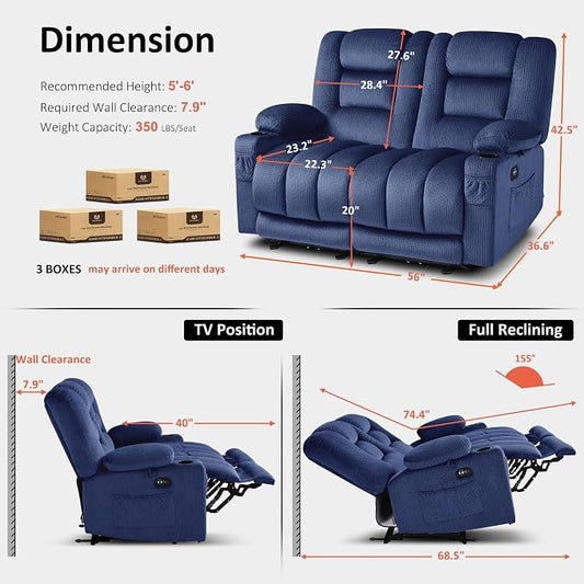MCombo 55.9" Zero Gravity Power Loveseat Recliner with Heat and Vibration Massage, Reclining Loveseat Sofa with USB Ports, Cup Holders for Living Room, Fabric PR648SET (Navy Blue)
