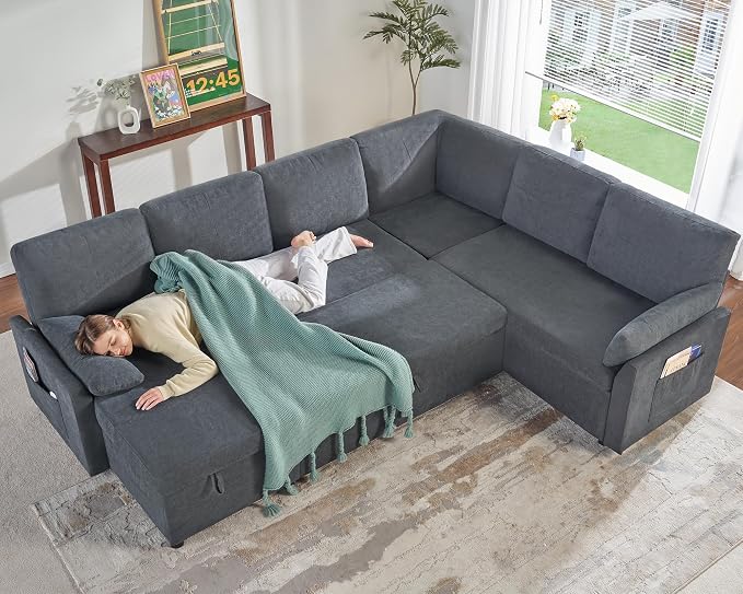 PaPaJet Sofa Bed, 112 Inch Sleeper Sofa, Oversized U Shaped Couch with Storage Chaise, Pull Out Couch for Living Room, Chenille Gray