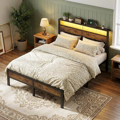 Queen Size Bed Frame with LED Lights, USB Type C Charging Headboard, Brown Metal Platform Bed with Storage Shelf, Noise Free Design, No Box Spring Needed