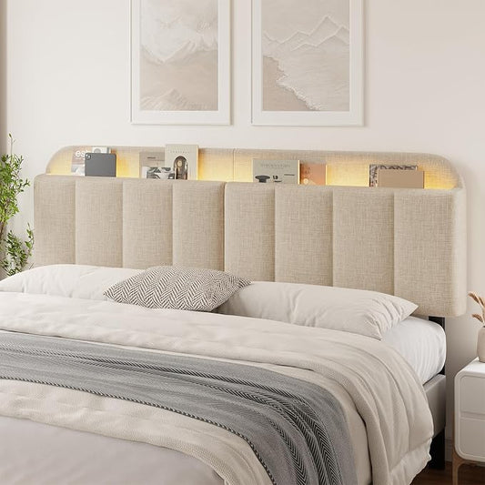 Headboard for King/California King Size Bed, Upholstered Bed HeadBoard with Storage, Linen Fabric Head Board with Vertical Channel Design, Height Adjustable, Easy to Assemble, Beige