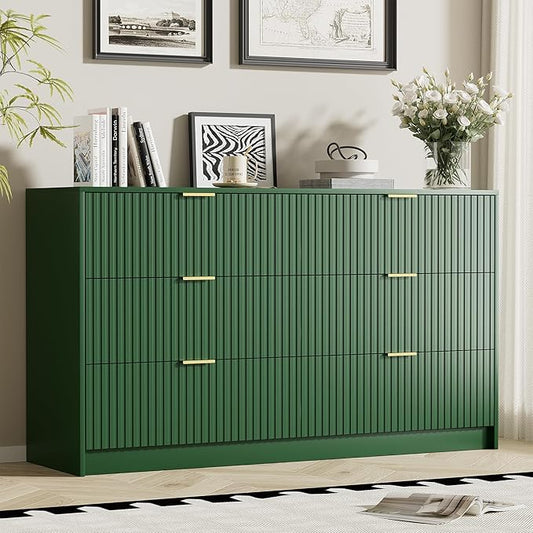 Furniway Green Dresser for Bedroom, Modern Dresser with 6 Drawers and Smooth Slides, Wide Chest of Drawers with Golden Handles for Bedroom, Living Room, Closet, 15.7" D x 55.1" W x 31.4" H