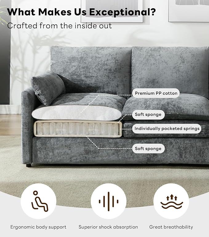 Iroomy Loveseat & 3 Seater, Chenille Cloud Couch, Modern Sofa, Comfy Plush Thick Cushions, Pocket Springs, Cloud-Like Comfort Sofas, Living Room Furniture Sets, Gray