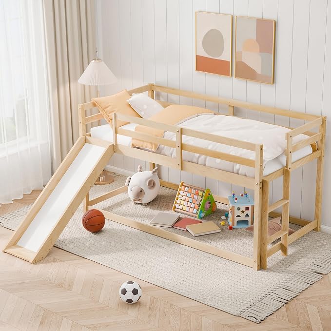 Bunk Bed with Slide, Wooden Bed Frame for Kids, Low Loft Bunk Bed Twin Over Twin with Ladders, Safety Guardrails for Kids, Toddlers, Boys, Girls, Teens, Bedroom (Natural)
