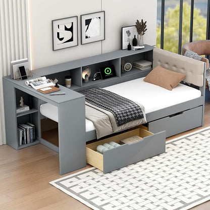 Ball & Cast Twin Size Wood L-Shaped Daybed with Storage Shelves and Built-in Desk,Platform Bed w/Under-Bed Drawers & Charging Station,Upholstered Headboard,No Box Spring Needed,for Student Dorms,Gray