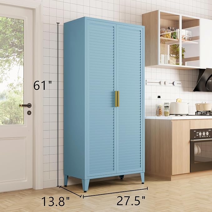 61" Tall Blue Kitchen Pantry Cabinet, Farmhouse Metal Pantry Storage Cabinets, with 2 Louvered Door and 3 Adjustable Shelves, Multipurpose Storage Organizer, for Home, Entryway, Kids Room