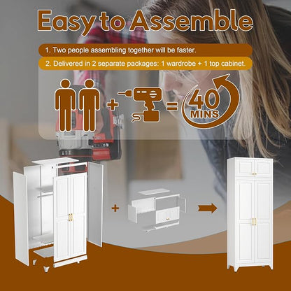 UNICOLY 86.6" Amoire Wardrobe Closet, 71" Wardrobe Cabinet with 15.74" Cabinet, Metal Closets with Hanging Rod for Bedroom School, Employee, Gym, Armarios De Ropa para Domitorio, White