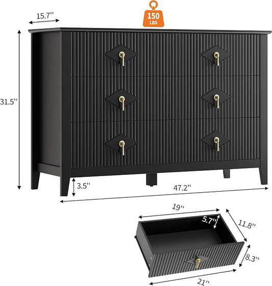 GarveeHome Fluted Dresser for Bedroom, 47.2 Inch Wide 6-Drawer Wood Dresser, Modern Chest of Drawers, Storage Organizer Cabinet for Living Room, Hallway, Entryway, Black