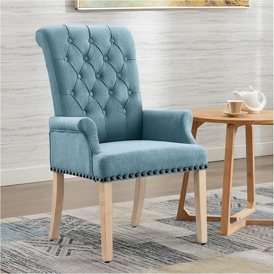 adochr Upholstered Fabric Accent Dining Chair, Elegant Tufted Club Dining Room Kitchen Room Arm Dining Chair, Light Blue
