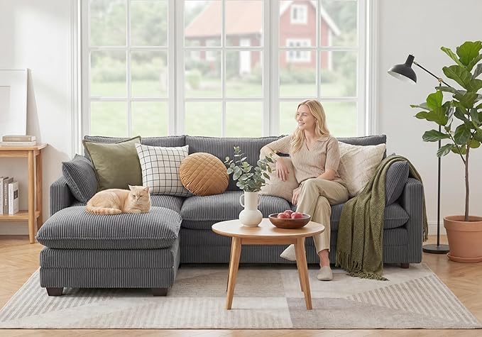 Gizoon 110'' Oversized L Shaped Couch for Living Room, Cloud Couches with Washable Corduroy Cover, Modern 4-Seater Comfy Deep-Seat Sofa with Movable Ottoman and 2 Throw Pillows for Apartment, Gray