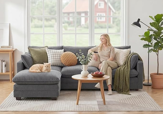 Gizoon 110'' Oversized L Shaped Couch for Living Room, Cloud Couches with Washable Corduroy Cover, Modern 4-Seater Comfy Deep-Seat Sofa with Movable Ottoman and 2 Throw Pillows for Apartment, Gray