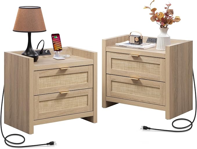 SICOTAS Rattan Nightstands Set of 2 Bedside Table - Bed Night Stand with Type-C Charging Station, 2 Drawers Storage - Boho Night Stands End Table for Bedroom Office - Light Oak