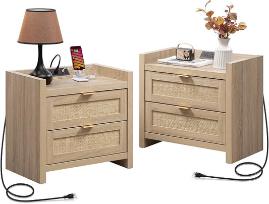 SICOTAS Rattan Nightstands Set of 2 Bedside Table - Bed Night Stand with Type-C Charging Station, 2 Drawers Storage - Boho Night Stands End Table for Bedroom Office - Light Oak