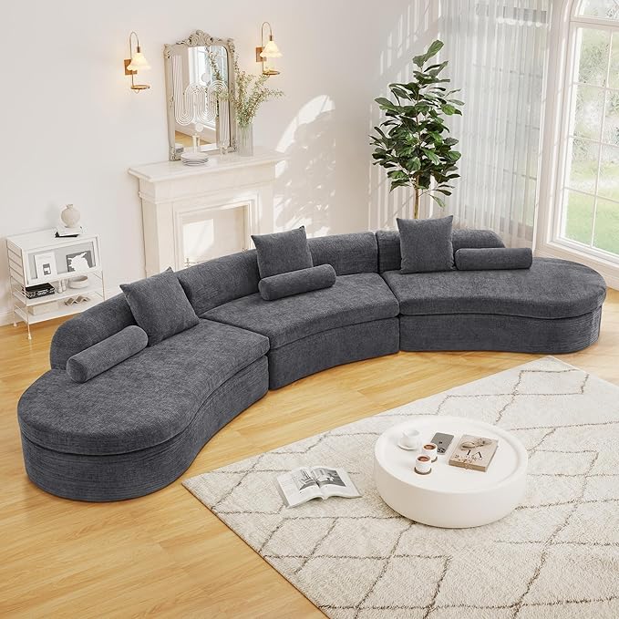 AVZEAR Curved Modular Sectional Sofa, Chenille Upholstered Cloud 6 Seater Couch for Living Room, No Assembly Modern Love Seat Sofa with 3 Bolster Pillows & 3 Square Pillows, High-Density Foam, Gray