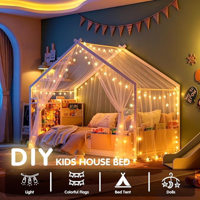 Timy House Bed Metal Montessori Bed with Stuffed Animal Storage & Bookshelf | Stuffed Animal Storage & 3-tier bookshelf. Includes detachable bedside caddies for an all-in-one book storage solution.