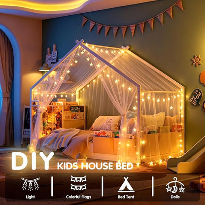 Timy House Bed Metal Montessori Bed with Stuffed Animal Storage & Bookshelf | Stuffed Animal Storage & 3-tier bookshelf. Includes detachable bedside caddies for an all-in-one book storage solution.