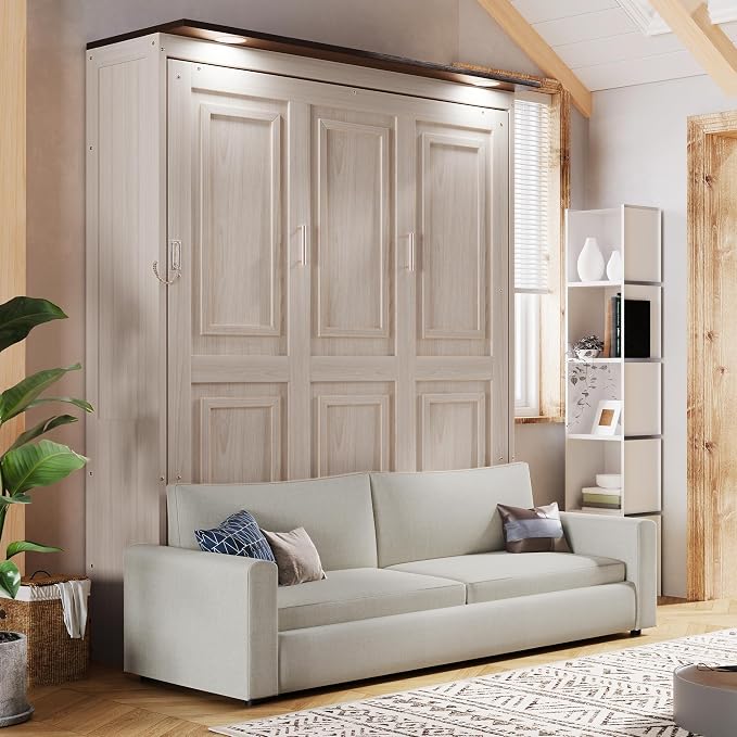 MERITLINE Queen Murphy Bed with Couch and LED Lighting,Solid Wood Folding Murphy Wall Bed Cabinet with Sofa