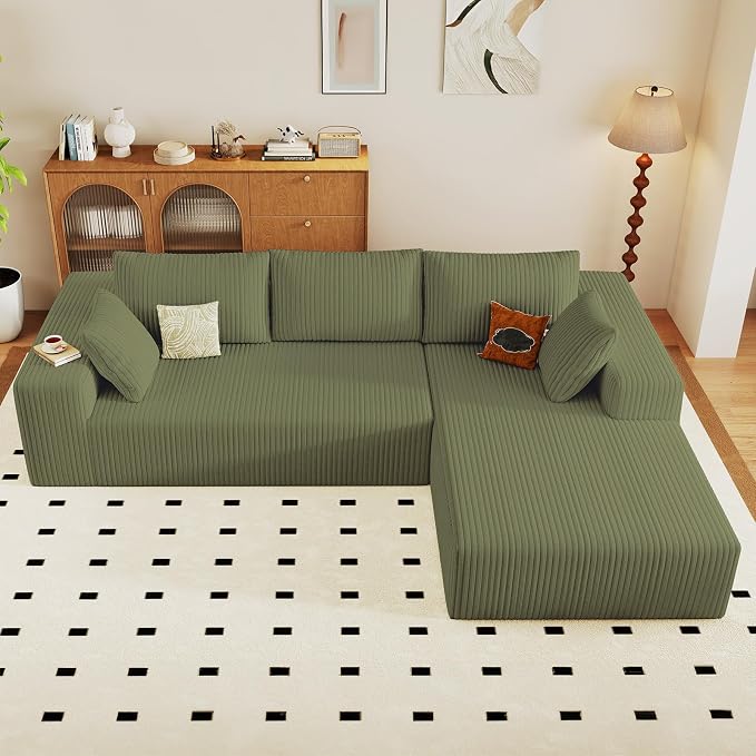 96" Modular Sectional Sofa, Modern Corduroy Cloud Couch with Deep Seat, Boneless Couch Upholstered 3-Seater L-Shaped Sofa for Living Room, No Assembly Required (Green, Right-Facing Chaise)