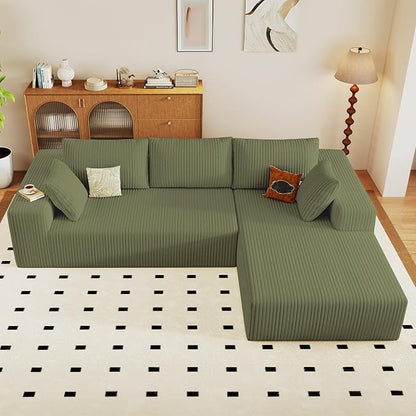 96" Modular Sectional Sofa, Modern Corduroy Cloud Couch with Deep Seat, Boneless Couch Upholstered 3-Seater L-Shaped Sofa for Living Room, No Assembly Required (Green, Right-Facing Chaise)