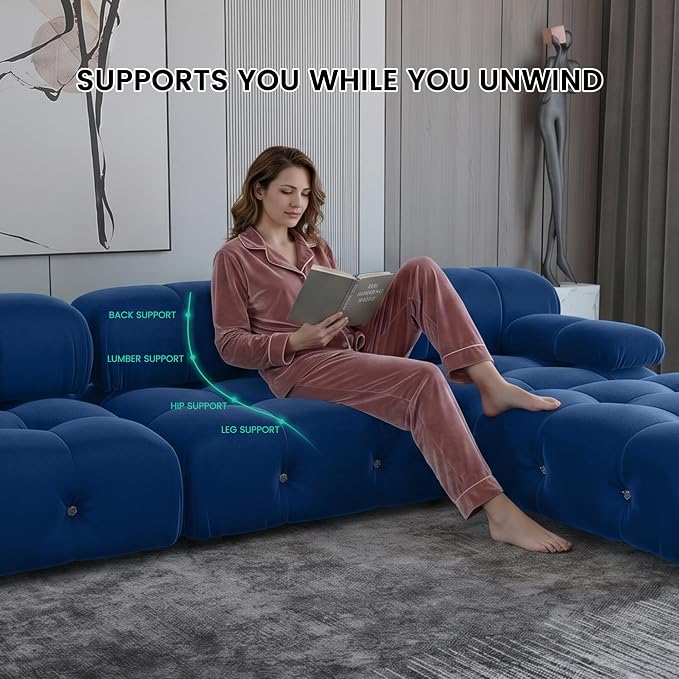 Modern Velvet Sectional Sofa, L Shape Minimalist Modular 4-Seater Sofa with Ottomans for Living Room Office Apartment (104in/Blue)