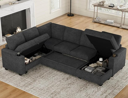 Belffin Sleeper Sofa Modular Sectional Pull Out Couch Bed U Shaped Sofa Couch for Living Room with Storage Chaise. Dark Grey