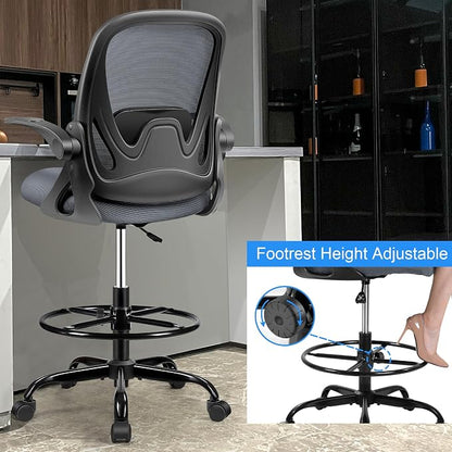 Drafting Chair Tall Office Chair with Flip-up Armrests, Adjustable Height, Enhanced Lumbar Support Ergonomic Rolling Stool, Back Support, Adjustable Foot Rest Ring for Standing Desk Dark Gray