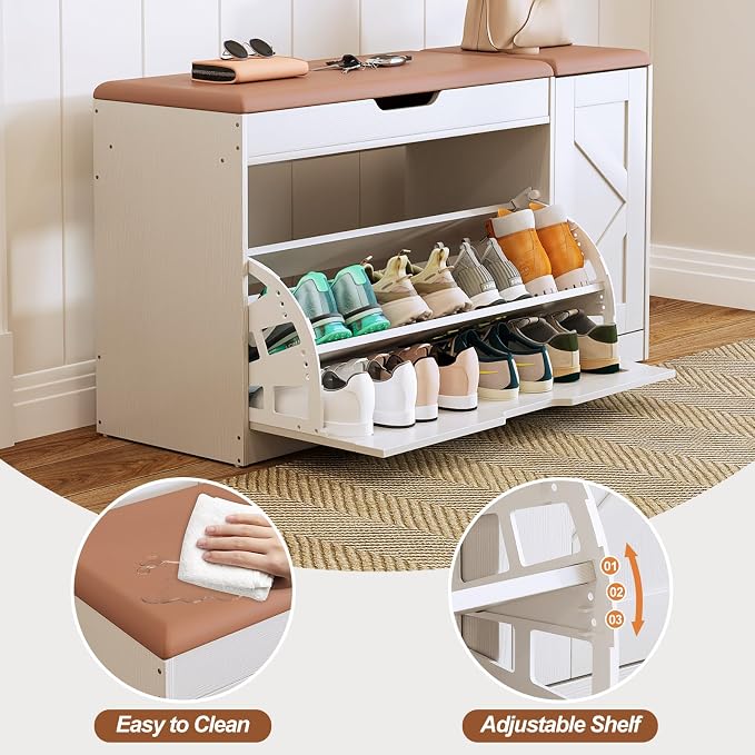 34" Storage Bench with Flip Drawers and Barn Doors, Adjustable Shelf, Flip-up Cabinet & Padded Cushion - Space-Saving Shoe Cabinet, Organizer for Entryway, Hallway, Bedroom