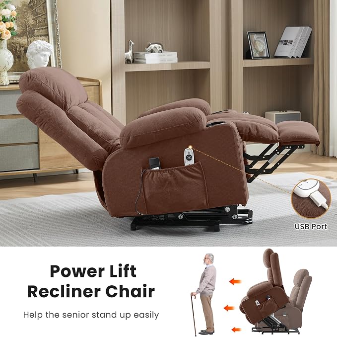 MAHOMICO Power Lift Recliner Chair for Elderly with Vibration Massage and Lumbar Heating Oversized Single Sofa with Cup Holder and USB Charge Port for Living Room