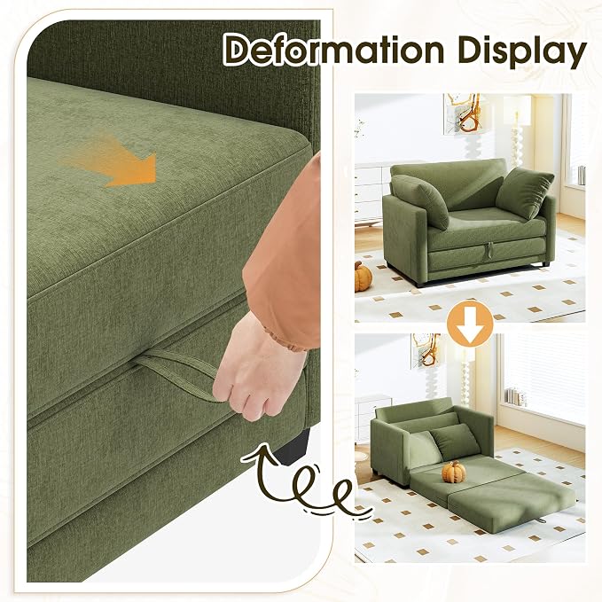 51" Convertible Loveseat Sofa Bed, 2 in1 Folding Sofa Bed, Loveseat Sleeper Sofa for Small Spaces, Fold Out Floor Couch with 2 Pillows for Apartment, Living Room & Guest Room, Green Chenille Fabric