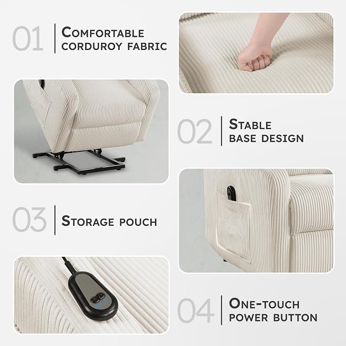 Lexicon Power Lift Recliner Chair for Elderly with Remote Control, Gentle Lift Motion, Side Pocket Armrest, Corduroy Upholstered Electric Recliner for Living Room/Bedroom, Easy Assembly, Beige