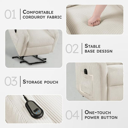 Lexicon Power Lift Recliner Chair for Elderly with Remote Control, Gentle Lift Motion, Side Pocket Armrest, Corduroy Upholstered Electric Recliner for Living Room/Bedroom, Easy Assembly, Beige